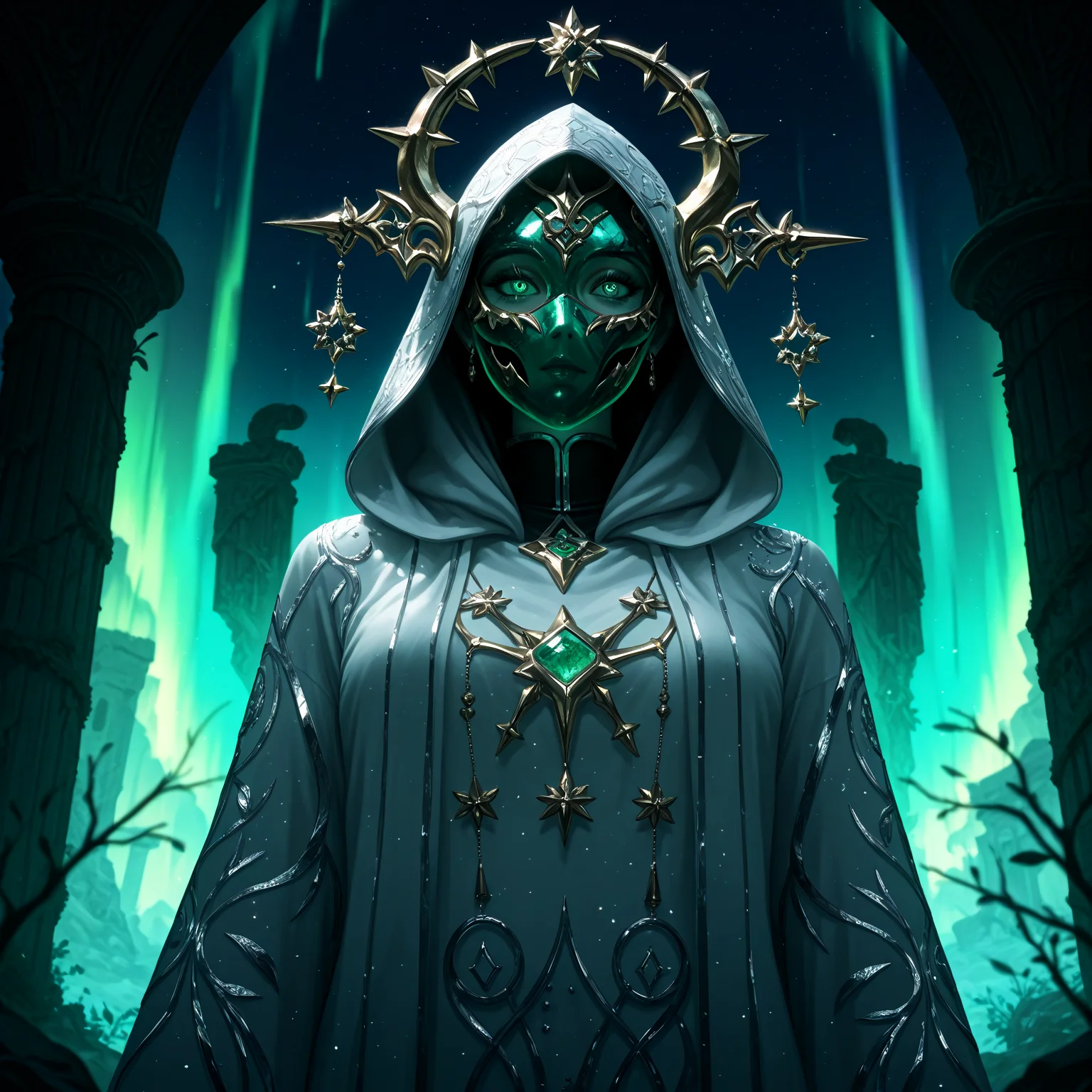 smooth quality, masterpiece, best quality, highly detailed, realistic, realism, dynamic lighting, graphite \(medium\), Veiled figure, three-quarter view, emerald palette, misty background, piercing gaze, sharply focused subject, enigmatic aura, spectral presence, luminescent jade eyes, silver embroidery, tattered silk robes, hooded shroud, intricate celestial patterns, shimmering silver filigree, fractured obsidian mask, swirling aurora sky, vortex backdrop green and violet, ethereal cosmic waves, eerie bioluminescent glow, mystical ruins, ancient overgrown temple, drifting astral particles, surreal ambiance, dramatic chiaroscuro lighting, hyper-detailed textures, radiant arcane glow, cryptic posture, profound depth of field. <lora:add-detail-xl:1.5>