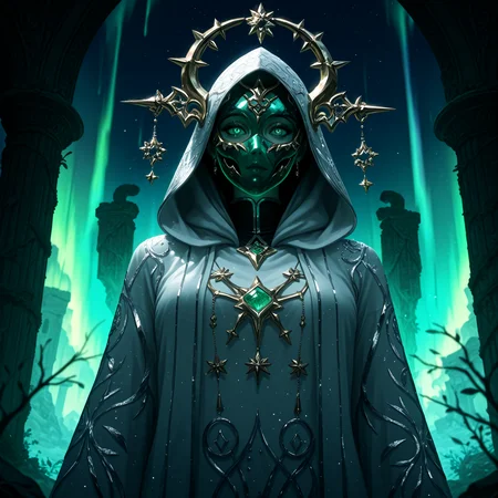 smooth quality, masterpiece, best quality, highly detailed, realistic, realism, dynamic lighting, graphite \(medium\), Veiled figure, three-quarter view, emerald palette, misty background, piercing gaze, sharply focused subject, enigmatic aura, spectral presence, luminescent jade eyes, silver embroidery, tattered silk robes, hooded shroud, intricate celestial patterns, shimmering silver filigree, fractured obsidian mask, swirling aurora sky, vortex backdrop green and violet, ethereal cosmic waves, eerie bioluminescent glow, mystical ruins, ancient overgrown temple, drifting astral particles, surreal ambiance, dramatic chiaroscuro lighting, hyper-detailed textures, radiant arcane glow, cryptic posture, profound depth of field. <lora:add-detail-xl:1.5>