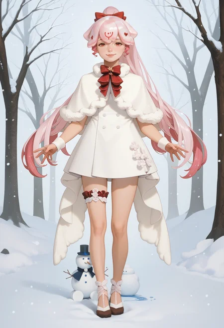 score_9, score_8_up, score_7_up, 1girl, solo, <lora:Bao_XLPD:1>, outdoors, winter, snowing, snowman, BaoWinter, pink hair, liquid hair, ponytail, bangs, long hair, white hair bow, white capelet, white dress, short dress, short skirt, red bow, fur trim, thighs, bridal garter, outstretched arms, happy, smug, full body,