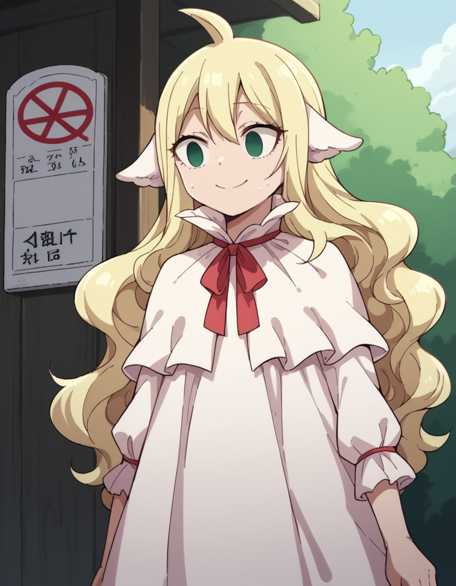 score_9, score_8_up, score_7_up, source_anime, <lora:mavis-vermillion-anime-ponyxl-lora-nochekaiser:1>, mavis, long hair, blonde hair, green eyes, ahoge, wavy hair, animal ears,, dress, white dress, collar, ribbon, red ribbon, capelet, long sleeves,, bus stop, waiting, commuter, smartphone, checking time, cold morning, smile, , hand palm facing up, solo,, cowboy shot, dutch angle