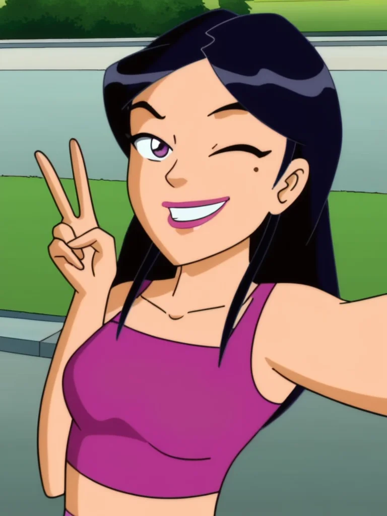 selfie, v, one eye closed, head tilt, looking at viewer, upper body, portrait, light smile, leaning to the side, arched back, looking back, park, solo focus, teeth,
<lora:Totally_Spies_Mandy:1>,mandy, 1girl, black hair, mole under eye, long hair, crop top,