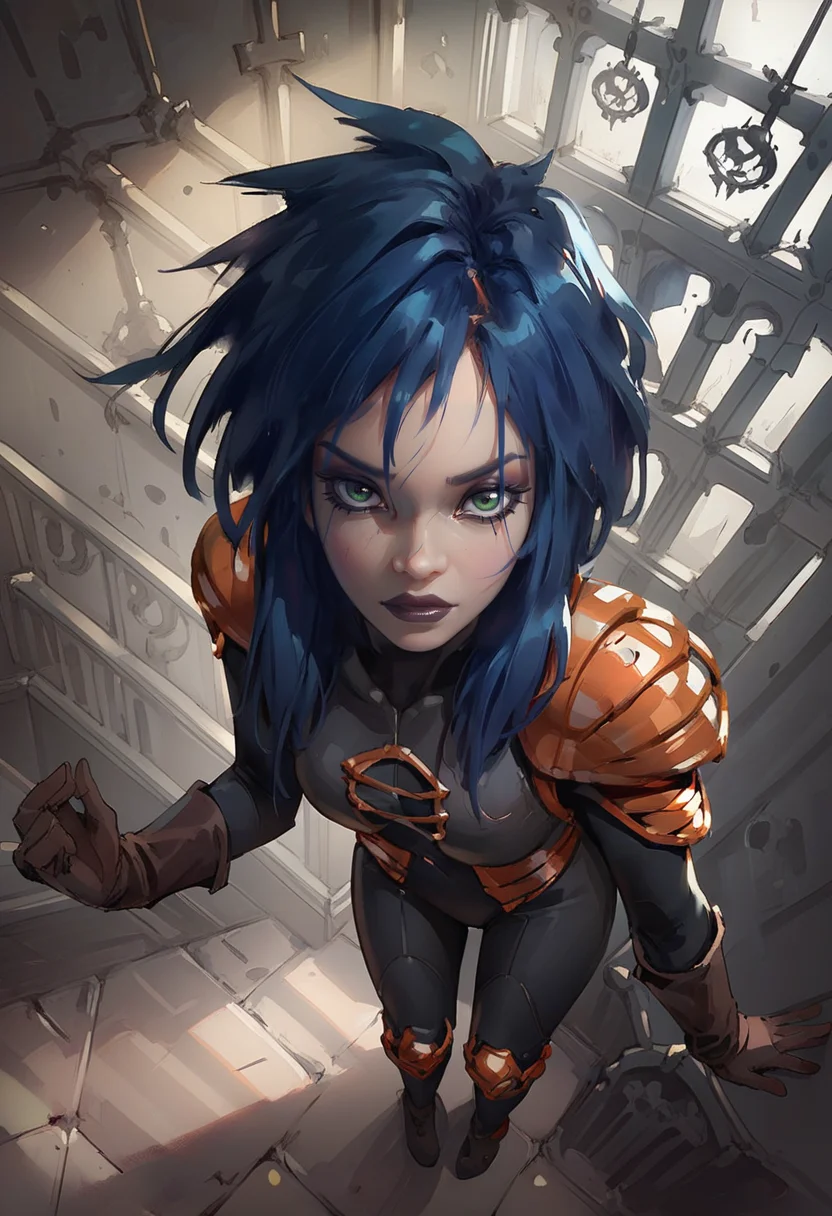 1girl, solo, full body, from above shot, standing, orange armor, deep blue hair, black bodysuit, dark green eyes, brown gloves, dark lipstick, looking at viewer, makeup, inside of abandoned mansion, <lora:Kylie_GriffinPony64:0.9>, <lora:Wlop_v3_Style_PonyXL:0.8> by wlop. wlop, score_9, score_8_up, score_7_up,