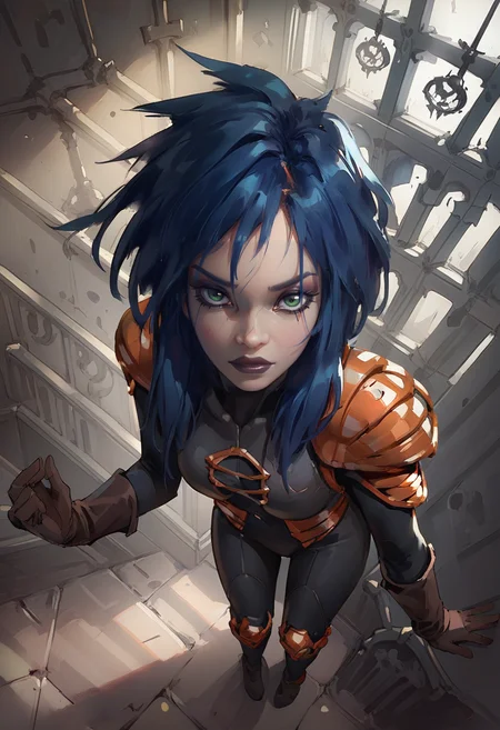1girl, solo, full body, from above shot, standing, orange armor, deep blue hair, black bodysuit, dark green eyes, brown gloves, dark lipstick, looking at viewer, makeup, inside of abandoned mansion, <lora:Kylie_GriffinPony64:0.9>, <lora:Wlop_v3_Style_PonyXL:0.8> by wlop. wlop, score_9, score_8_up, score_7_up,