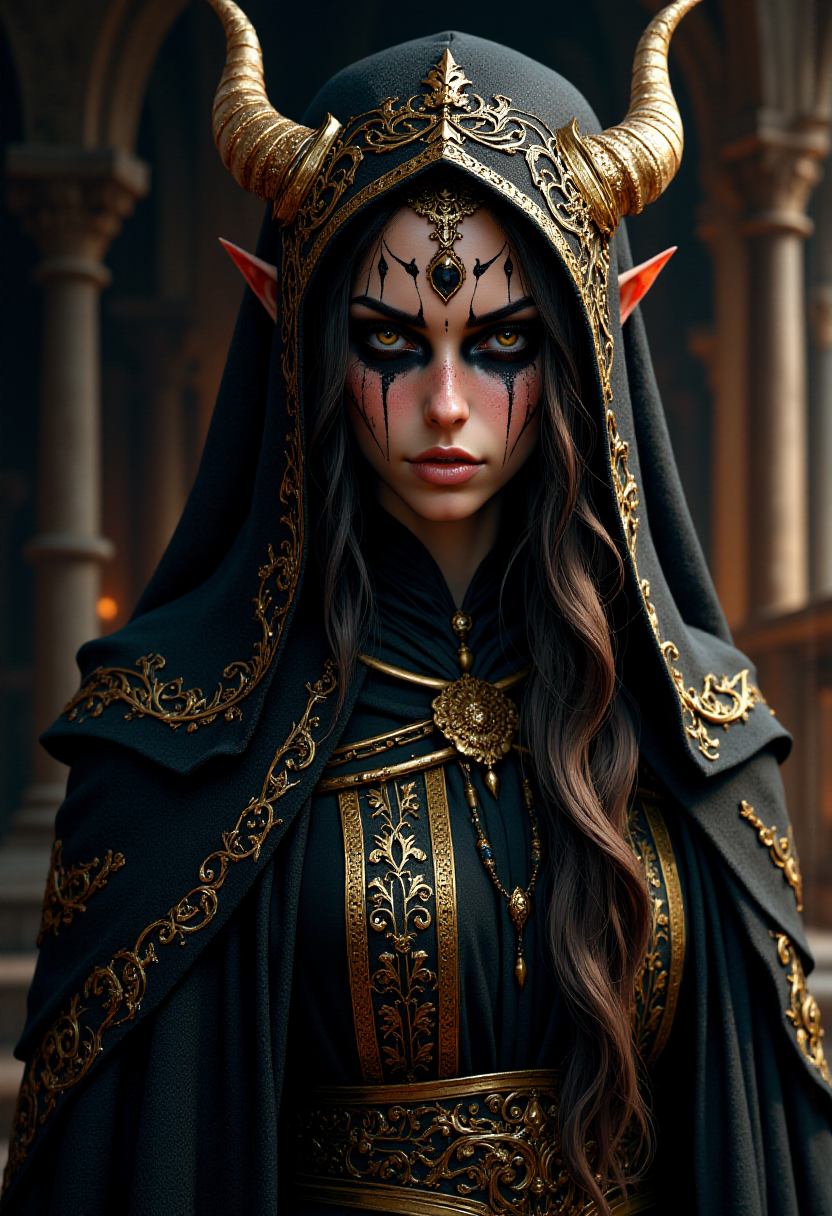 mythp0rt, hyperrealism, elven girl, a stunning photo of a gorgeous necromancer female Aerenal Elf, gold and black robes, face warpaint, skull face paint, gorgeous, 8k HD, detailed skin texture, ultra realistic, textured skin,. (maximum ultra high definition image quality and rendering:3), maximum image detail, maximum realistic render, (((ultra realist style))), realist side lighting, , 8K high definition, realist soft lighting, (amazing special effect:3.5) <lora:FluxMythP0rtr4itStyle:1>