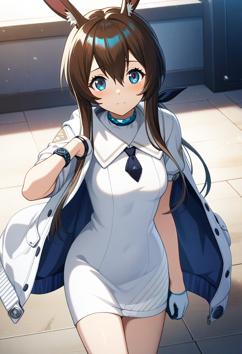 game cg, 1girl, solo, operator uniform, amiya \(arknights\), rabbit ears, neckerchief,  white dress,  short necktie,  half gloves,  looking at viewer,  <lora:utnapishtim_operator_ag3.1:0.7>