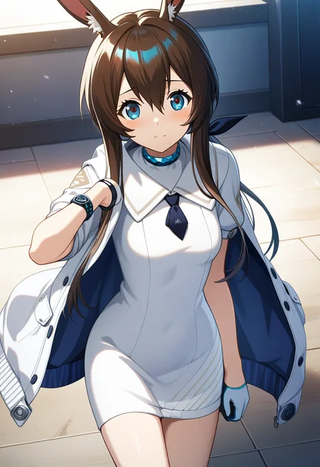 game cg, 1girl, solo, operator uniform, amiya \(arknights\), rabbit ears, neckerchief, white dress, short necktie, half gloves, looking at viewer, <lora:utnapishtim_operator_ag3.1:0.7>