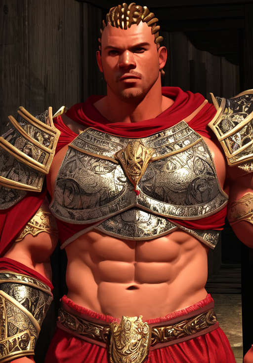a man, <lora:Redguard-Male:0.8>, Redguard-Male, 1man, solo, upper body, shoulder armor, red cape,, Heroic, muscular, strong, ripped, chiseled, Adonis-like, powerful, sculpted, Inverted triangle body shape, (masterpiece, best quality, absurdres, detailed, ultra-detailed:1.3), glamorous