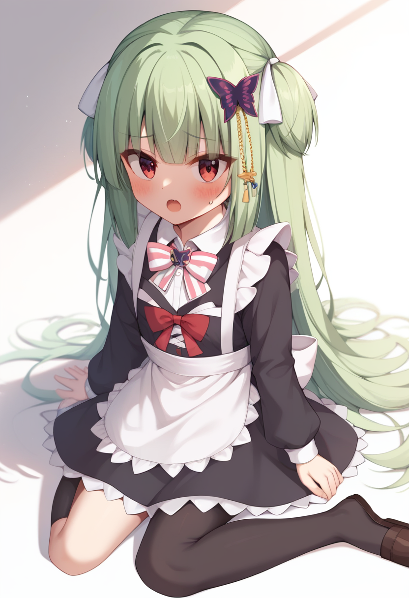 score_9,score_8_up,score_7_up,<lora:murasame_(senren)_pony:1>,frilled_apron, murasame_\(senren\), commentary_request, solo, maid_apron, brown_bow, white_background, shadow, hair_ribbon, black_dress, white_apron, long_sleeves, 1girl, company_connection, enmaided, open_mouth, sitting, blush, collared_dress, striped_bow, shiki_natsume_\(cosplay\), white_ribbon, brooch, :d