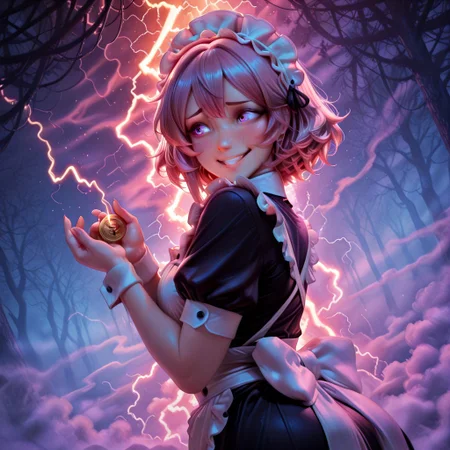 ((masterpiece, best quality, absurdres)) SteveArgXL,, rating_safe, shy grin, mischief, holding golden lightning coin, head, side-eye, looking to the side, model pose, beautiful woman posing, cute pose, pink hair, purple eyes, short fluffy hair, maid uniform, hair band, colorful, vibrant neons, (abstract orange and teal background), limited palette, colorful, vibrant, neon, blacklight, ,fog, dutch angle,