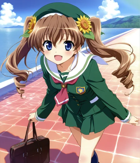 masterpiece,best quality,high resolution,caustics,detailed,1 girl,solo,
walking,full_body,smile,outdoor,,
bright_room,look_at_viewer,
<lora:mikaV1:1>nogizaka_mika,nogizaka_haruka_no_himitsu, twintails, sunflower, flower, hair ornament, hair flower,long hair, drill hair, hair between eyes,fang,brown hair,blue eyes,small breasts,
school uniform, long sleeves, skirt, socks, hat,green school uniform,