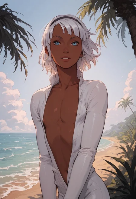 score_9, score_8_up, score_8_up, 1boy, sexy 18yo boy, ((alone)), loran, twink, androgynous, femboy, loran cehack, loran gundam, dark skin, white hair, blue eyes, hairband, slender body, tropical beach, summer day, sunny day, hot, ocean, posing, seductive, palm trees, smiling, white bodysuit, arched back, open clothes, slip crotch, slip chest, slip navel