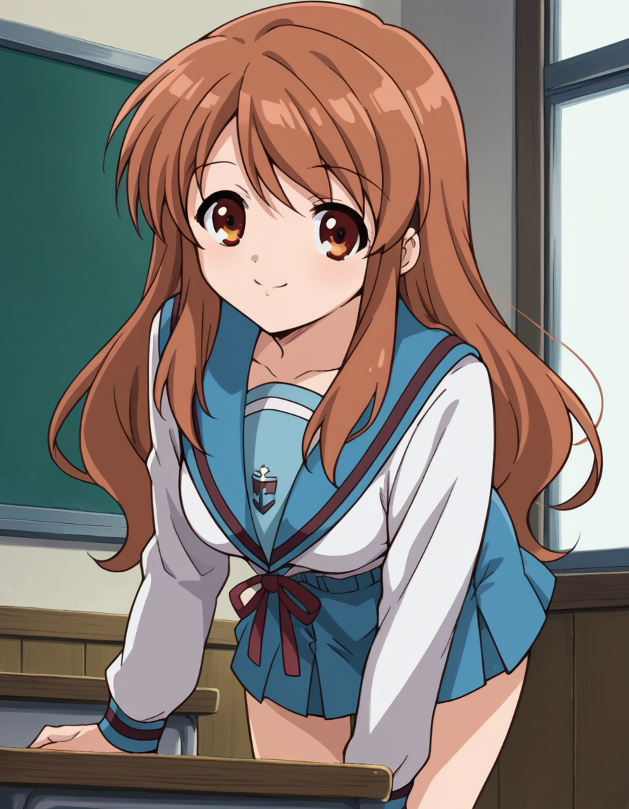 score_9, score_8_up, score_7_up, source_anime,
mikuruasahina,  <lora:mikuru-asahina-s1-ponyxl-lora-nochekaiser:1>,
mikuru asahina, long hair, brown hair, brown eyes,
skirt, long sleeves, school uniform, serafuku, sailor collar, blue skirt, blue sailor collar, winter uniform, kita high school uniform,
indoors, classroom, bent over, smile,
looking at viewer, dutch angle, cowboy shot, solo,