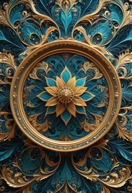 photo of a paisley pattern, boteh, paisley, teal blue, shining gold leaf, almond, entwined paislies, official art, aesthetic, dynamic angle, hyper detailed, order and chaos, vibrant colors, high contrast, (extremely detailed, intricate details, masterpiece, best quality, 8k wallpaper:1.4), dramatic lighting, (dark teal and gold palette:1.2), twisting paisley
