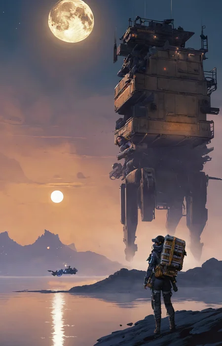 a lovely fascinated girl carries a sizable cargo while wielding a firearm, encapsulating the game's unique blend of isolation and combat., a vast, A moonlit lake, with fog rolling over the water and mysterious shapes beneath the surface sky ,moon just appeared ,Command base in background, a girl wearing with armor,weapon, headgear,motocycle bpk, backpacker, <lora:BPKXLV1-000003:0.8>