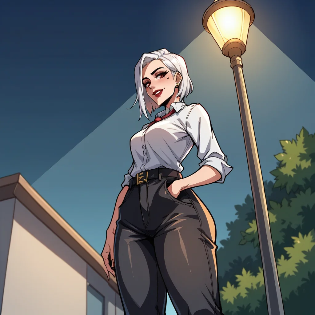 score_9, score_8_up, score_7_up, score_6_up, score_5_up, score_4_up, zPDXL2,source_anime,rating_questionable,1girl,smile,low angle, ashe_(overwatch), overwatch <lora:streetlight:0.8> str33tl1ght,below lamppost, spotlight, outdoors, night sky