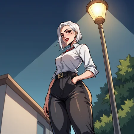 score_9, score_8_up, score_7_up, score_6_up, score_5_up, score_4_up, zPDXL2,source_anime,rating_questionable,1girl,smile,low angle, ashe_(overwatch), overwatch <lora:streetlight:0.8> str33tl1ght,below lamppost, spotlight, outdoors, night sky