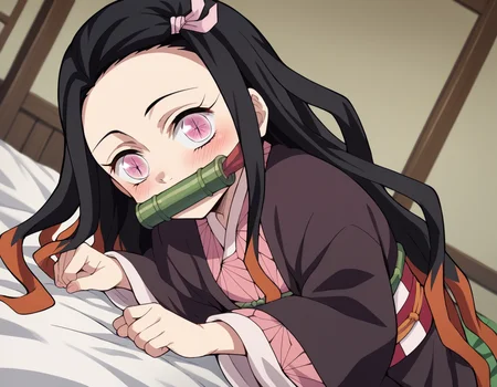 score_9, score_8_up, score_7_up, source_anime,
nezukokamado, <lora:nezuko-kamado-anime-ponyxl-lora-nochekaiser:1>,
nezuko kamado, black hair, forehead, hair ribbon, long hair, multicolored hair, pink eyes, orange hair, slit pupils, wavy hair, two-tone hair,
bamboo, bit gag, gag, gagged, asa no ha \(pattern\), checkered sash, haori, japanese clothes, kimono, long sleeves, obi, pink kimono, sash, wariza, wide sleeves,
indoors, bed, bed room, on side, blush, drunk,
solo, dutch angle, looking at viewer, cowboy shot,