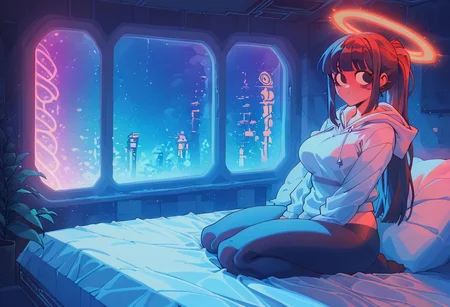 score_9,score_8_up,score_7_up,score_6_up, 1girl,
sitting in bed next to a large window, hands between thighs, wearing croptop hoodie, black croptop hoodie, long hair, black hair, blue strip in hair low ponytail hairstyle, angel, angelic girl, white wings, halo, glowing halo, black eyes, <lora:DetailedEyes_V3:1> <lora:add_detail:1>, pov from the side, sitting on the bed, hoodie, plants on the windowsill, looking out the window, looking away from viewer, background through window is vast space, galaxy background, wearing tights, leggings, black tights, thighs, night time, cyberpunk city view out of the window, neon light, purple neon lights, raining outside, heaving rain outside, girl is dry, no rain inside