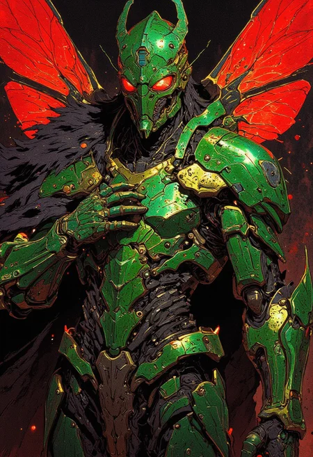 1girl, (green and red scifi armor, gauntlets, MantisAI:1.2), , a photo of a woman wearing simple armor, full body, cinematic lighting, insectoid armor, iridescent beetle carapace, scifi mecha armor, raytracing, fur cloak, dragonfly wing, translucent glass armor, AComics, CBG,BBG, cyber_glasses blancformmech beetle shaped helmet Painted poster, 1girl, excellent composition, expressive, dynamic dramatic atmosphere, charming, engaging, beautiful, decorative, solid background, lively, lovely, aesthetic, very inspirational, thought, detailed, deep light, sharp focus, elegant, complex, highly intricate, fantastic, creative, appealing, rich bright color, shiny, illuminating, fabulous, stunning, brilliant, epic, awesome,DB4RZ, DB4RZ style painting, S1n0z1ck style, zydInk