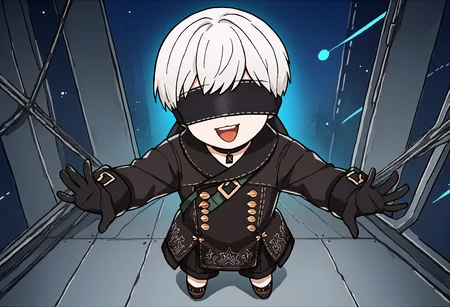 score_9, score_7_up, source_anime, uncensored, cowboy shot, head tilt, from above, blue background, (glowing:1.15), legs apart, laughing, easytoon, Otoshidama, spacecraft interior
<lora:NierAutomata_9S_v1.0:1> 9S, 9s (nier:automata), 1boy, solo, gloves, shorts, black gloves, white hair, black blindfold, black choker, short hair, kneehighs, long sleeves, black jacket, double-breasted, jacket, buttons
<lora:Doro_X_PDXL_V1:1> doro, creature, :3, chibi, no humans, white skin, four legs