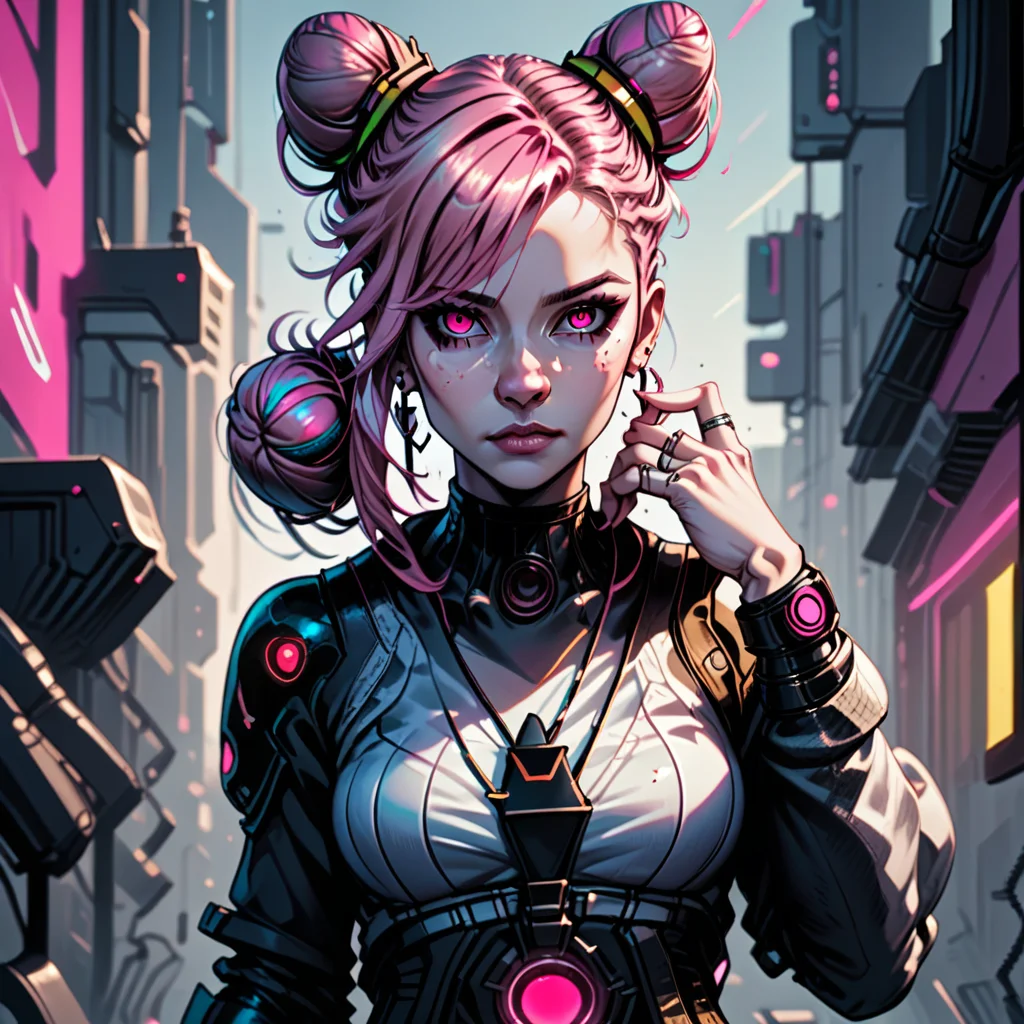 Animated Nightmare Style, 1girl, closed mouth, cyberpunk, double bun, earrings, freckles, glowing, hair bun, hand up, jewelry, lips, looking at viewer, makeup, medium breasts, necklace, nose, outdoors, pink eyes, pink hair, ring, solo, upper body, score_9, score_8_up, score_7_up, score_6_up, score_5_up, score_4_up