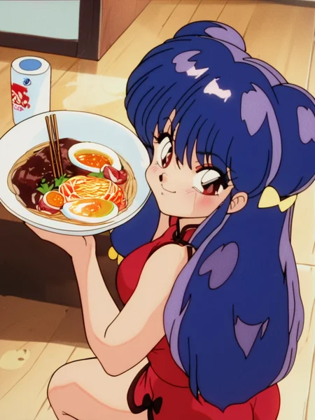 score_9, score_8_up, score_7_up, 1girl leaning forward, eating a ramen, holding taiko sticks, very happy, restaurant, japanese temple, from above, front, squeezed, solo focus, looking at viewer, nervous smile, blush, naughty face, cowboy shot, (dynamic pose:1.1), cute, nsfw, medium breasts, thick thighs, sexy pose, from side, embarrassed, round ass, detailed eyes, bright pupils,
<lora:ShampooXLP_character:1> ShampooXLP, long hair, purple hair, double bun, bangs, hair ornament, hair bell, sidelocks, red eyes, anime screencap, retro artstyle, red china dress,, retro artstyle, anime screencap, shampoo \(ranma 1/2\),