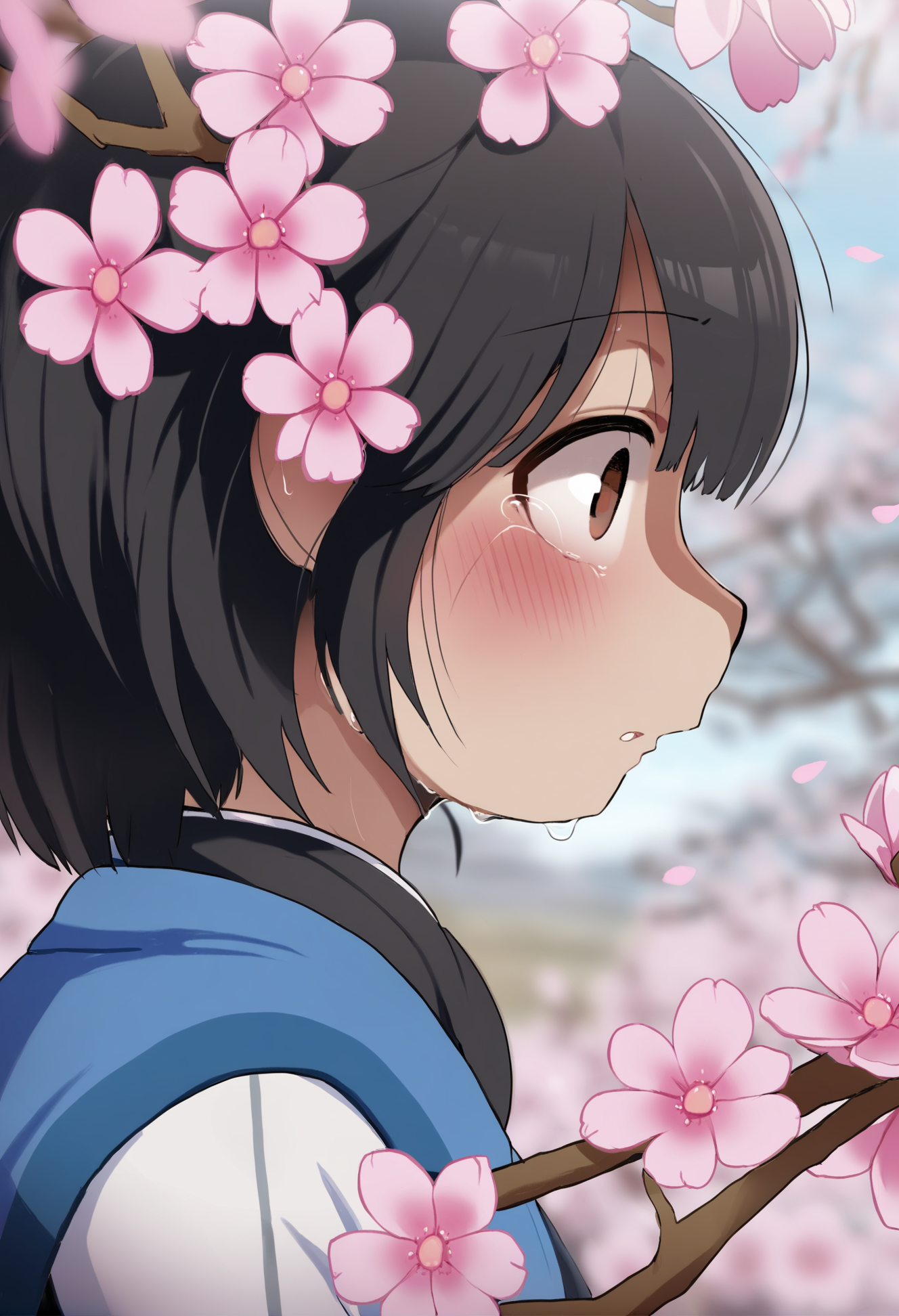 masterpiece, hyper detailed, best quality,(furry:1.3),1girl, solo, blurry, blurry foreground, pink flower, cherry blossoms, flower, depth of field, close-up, parted lips, profile, black hair, portrait, tears, brown eyes, branch, petals, looking at viewer, bangs  ,<lora:DAGASIXLlokr8f-000188:0.95>