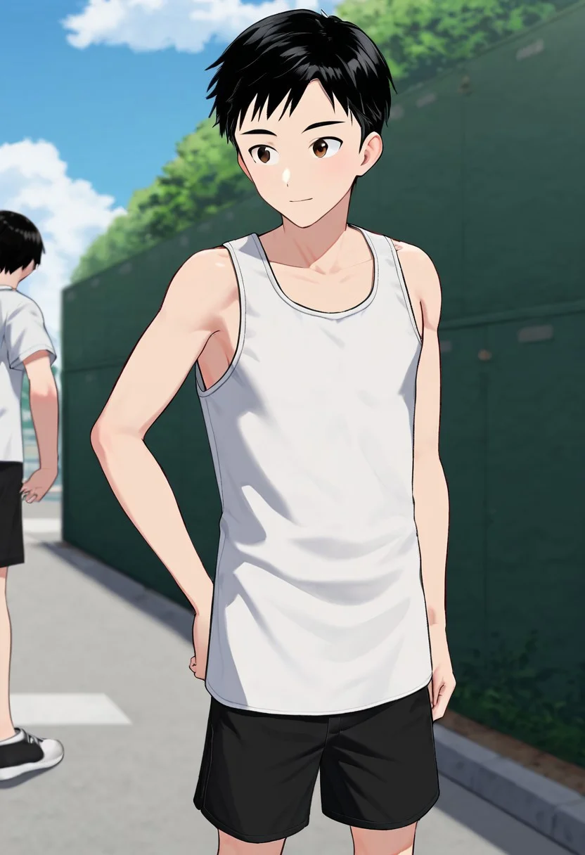 harmard, black hair, short hair, brown eyes, 1boy, solo, solo focus, wear white tank top, wear black shorts, outdoor setting