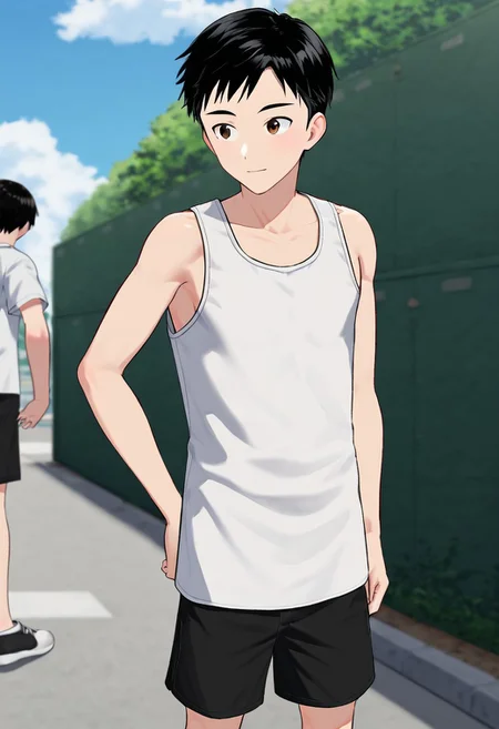 harmard, black hair, short hair, brown eyes, 1boy, solo, solo focus, wear white tank top, wear black shorts, outdoor setting