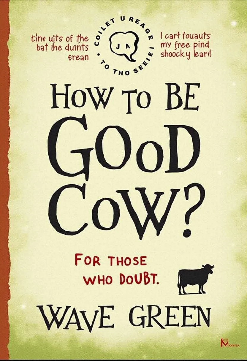 score_9, score_8_up, score_7_up,detailed background, Book cover,  unusual font,The caption, ‘How to be a good cow?’ by Wave  Green,‘For those who doubt.’