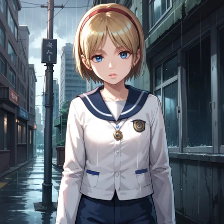 score_9, score_8_up, score_7_up, score_6_up, Sherry-Birkin, 1girl solo, short hair, blue eyes, blonde hair, post-apocalypse, urban background, city, DARK, HORROR, rain, upper body, school uniform, shorts, hairband, serafuku, sailor collar, necklace, lips, blue sailor collar,  red hairband, fake screenshot, sensitive