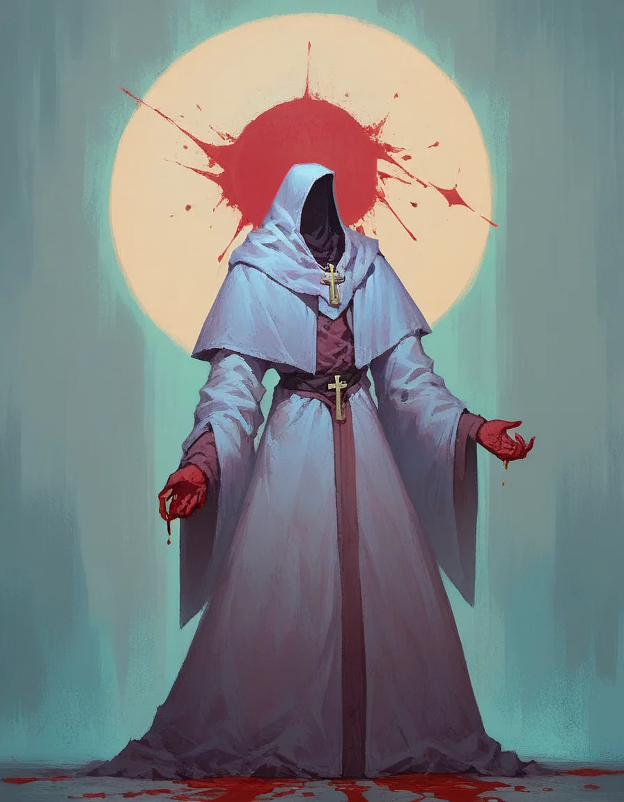 Dreamscape score_9_up,score_8_up,score_7_up,score_6_up,chiaroscuro,low-key,solo,cross,robe,blood,<lora:cultistexl-000005:1>,<lora:zavy-cntrst-sdxl:0.8>,<lora:xl_more_art-full_v1:0.8>, . Surreal, ethereal, dreamy, mysterious, fantasy, highly detailed