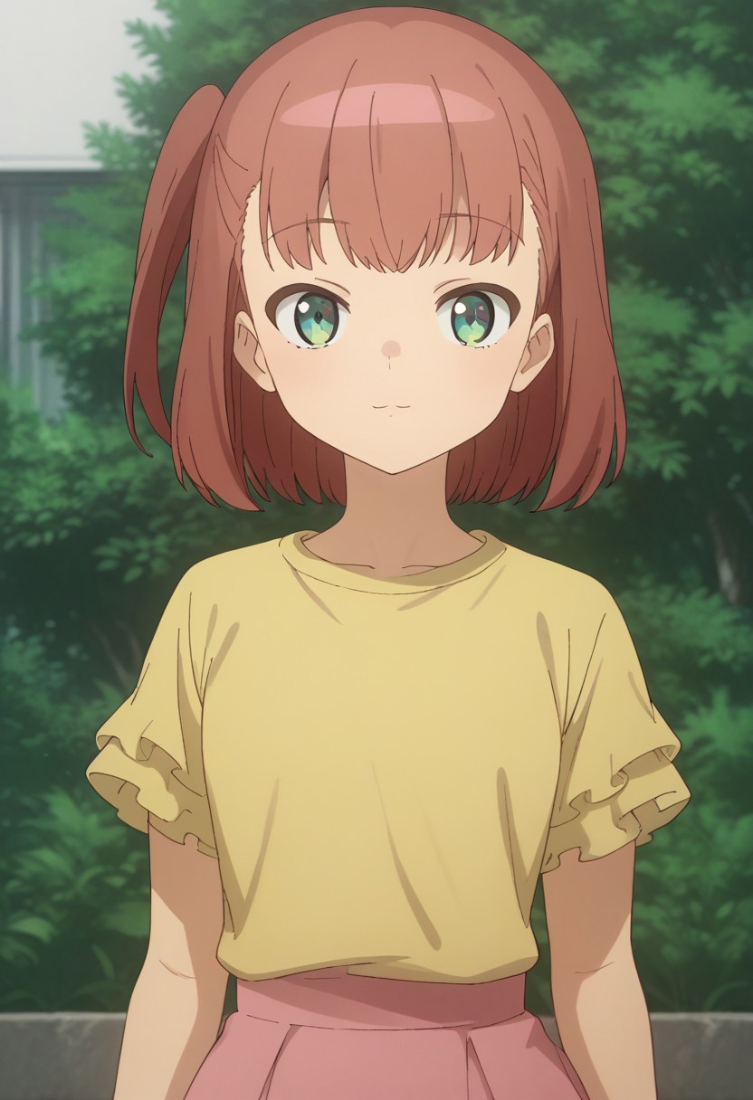 score_9, score_8_up, score_7_up, source_anime, highly detailed, 
kokoro, 1girl, solo, skirt, pink skirt, yellow shirt, shirt, one side up, upper body, hort sleeves, standing, looking at viewer, bangs, red hair, short hair, 
outdoor,