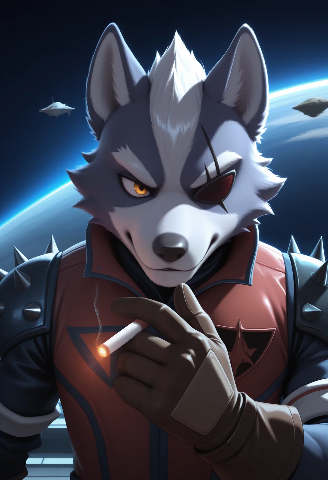 masterpiece,best quality, amazing quality, 1boy, solo, wolfSF, wolf boy, eyepatch, star red vest, star spiked pauldrons, close up, holding cigarette, star brown gloves,
space, space ship,