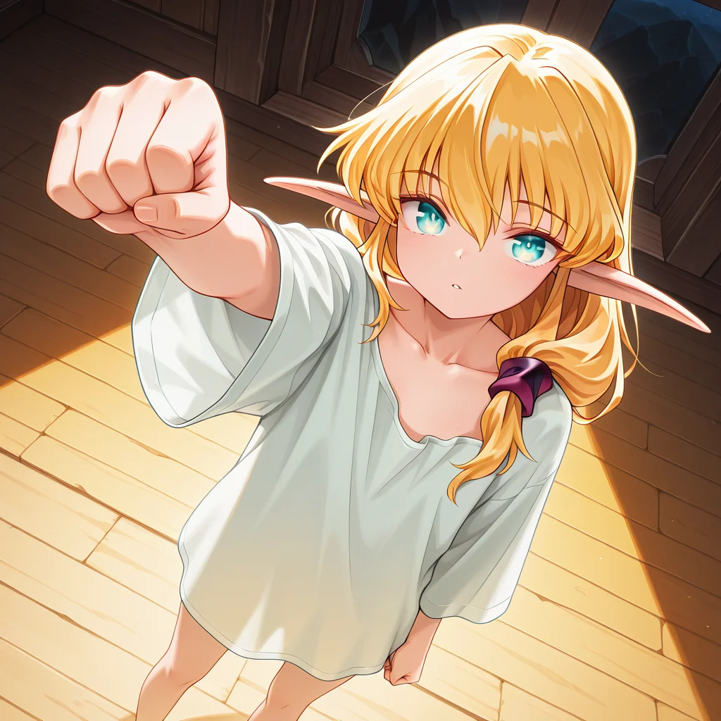 1girl,solo,<lora:IL_Collet_Brause_Pastel_Chime:1>,pc_cb,Collet Brause,elf,pointy ears,blonde hair,
dutch angle,with a golden hue,glowing,foreshortening,fantasy,looking at viewer,red hair chouchou,adult,oversized shirt,oversized clothes,collarbone,from above,raised fist,clenched hand,, masterpiece,best quality,amazing quality,very aesthetic,absurdres,