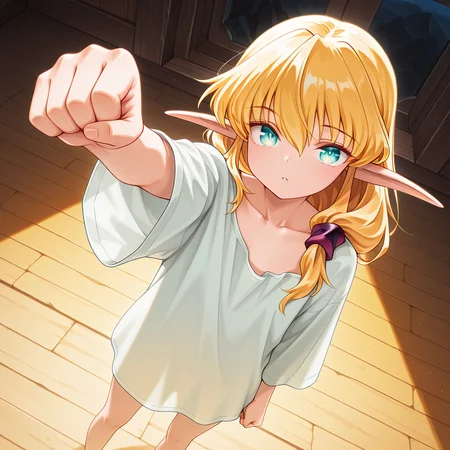1girl,solo,<lora:IL_Collet_Brause_Pastel_Chime:1>,pc_cb,Collet Brause,elf,pointy ears,blonde hair,
dutch angle,with a golden hue,glowing,foreshortening,fantasy,looking at viewer,red hair chouchou,adult,oversized shirt,oversized clothes,collarbone,from above,raised fist,clenched hand,, masterpiece,best quality,amazing quality,very aesthetic,absurdres,
