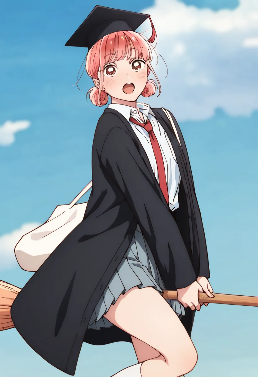 1girl, hina chono, alternate costume, bag, black robe, blue sky, blush, broom riding, cloud, hair ornament, hat, looking at viewer, mortarboard, necktie, open clothes, open mouth, open robe, satchel, school uniform, solo, thighs, white shirt, masterpiece, best quality, 8k, amazing quality, very aesthetic, absurdres, <lora:Hina_Chono:1>