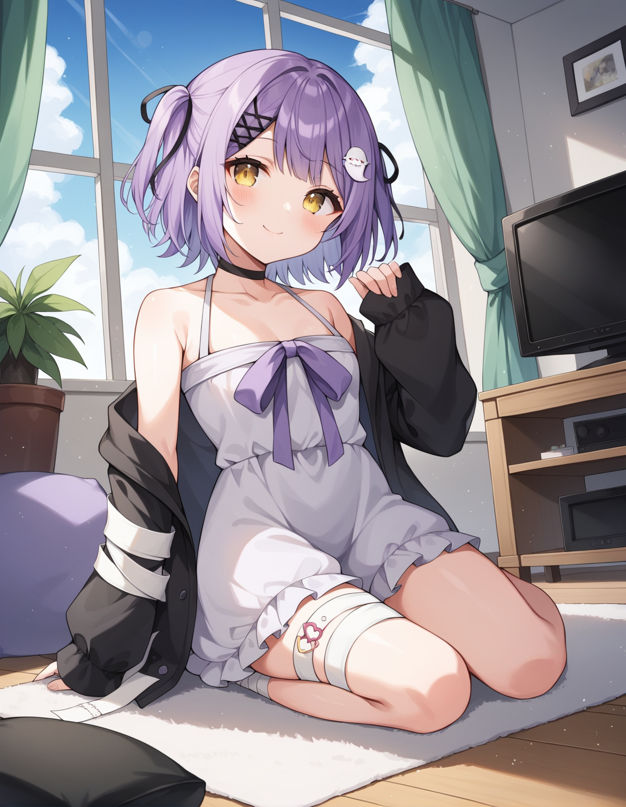 score_9, score_8_up, score_7_up, source_anime, rating_safe, BREAK <lora:runaShinomiya_XL-Pony_LoRA-C3Lier_32-32-16-16_AdamW_Un3e-4_Te1.5e-4_10batch:1>, shinomiya runa, 1girl, virtual youtuber, purple hair, two side up, short hair, yellow eyes, small breasts, hair ribbon, black ribbon, ghost hair ornament, hairclip, black choker, white dress, frilled dress, frilled skirt, sleeveless, purple ribbon, black jacket, open jacket, off shoulder, bandages, long sleeves, sleeves past fingers, bandaged leg, sitting, blush, light smile, closed mouth, hand up, looking at viewer, facing viewer, dutch angle, light particles, carpet, cushion, television, potted plant, window, window shade, curtains, blue sky, cloud, sunlight