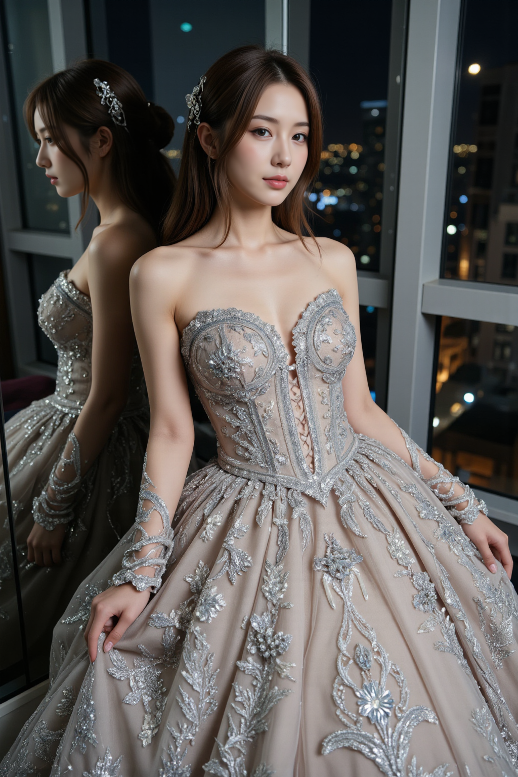 A highly realistic, detailed photograph of a beautiful and youthful model, 18 years old, showcases her naturalness and stunning looks.
She is a beautiful woman with beautiful eyes, delicate eyes, perfect lips, (thin lips:1.5), luscious lips, realistic skin texture, perky boobs, large breasts, slim waist, slender fit body, petite body.
She has mid-long length, hair styled in perm straight, with loose strands, framing her face. She is wearing hair clips decorated with crystal jewelry ornaments.
She is wearing a luxurious, regal wedding gown with a grand ball gown silhouette, featuring an opulent design reminiscent of royalty. The dress is adorned with intricate silver embroidery, delicate lace appliquÃ©s, and shimmering crystal embellishments that create a dazzling effect. The bodice is fitted and structured, with a deep, ornate V-neckline encrusted with sparkling gemstones and beadwork. Long, sheer illusion sleeves are embroidered with delicate floral patterns and adorned with scattered crystals, creating an ethereal effect. The back of the gown features an elegant lace-up corset detail, adding a classic, romantic touch. The skirt cascades into a sweeping train, richly decorated with a combination of sequins, pearls, and silver thread embroidery, forming intricate, nature-inspired patterns. The entire dress has a luminous quality, reflecting light beautifully, making it a show-stopping piece. The gownâs aesthetic combines vintage European royalty with a modern fairytale elegance, ideal for a bride seeking a breathtaking, extravagant look. She is wearing high heel shoes made of crystals.
The DSLR photo is taken by a master photographer, with ultra high resolution and HDR, tightly cropped composition, capturing the enigmatic aura of a woman. Natural, soft and diffused lighting casts dramatic shadows across her face and body, emphasizing the fine lines of her pretty face while highlighting the natural and intricate texture of her skin.
There is reflection of her body from the floor-to-ceiling glass.
She is leaning against the floor-to-ceiling glass of the hotel room, posing as a professional model. Her face and body is reflected by the floor-to-ceiling glass.
It is the most luxury hotel with detailed urban night view from the huge floor-to-ceiling glass of the superior hotel room. The luxury hotel is the tallest building in the world.
<lora:JAVCompany_vol7_CitizenHot_F1Penis:0.7> ,<lora:aerithffvii:0.4> AerithFFVIIâââ <lora:pussyplayv2:0.3> pu55ypl4yâââ