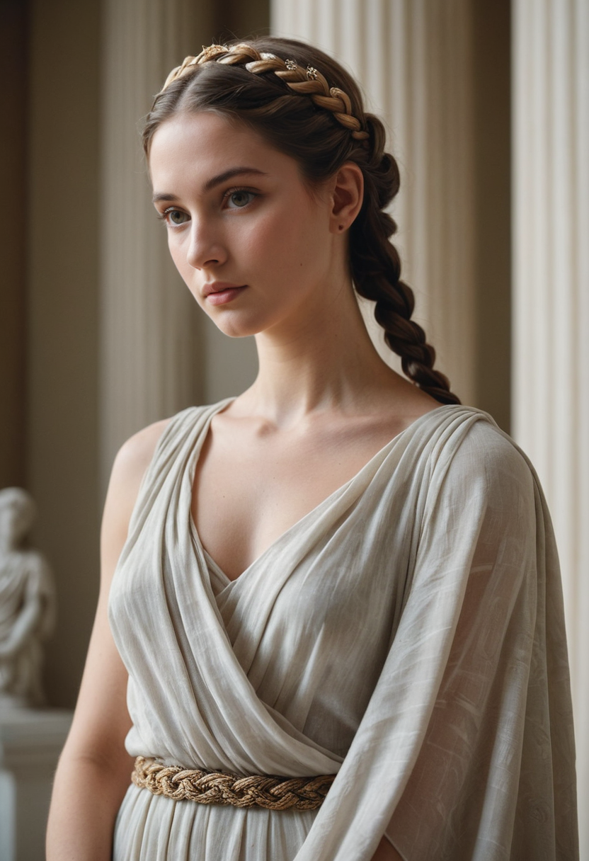 Mamiya photography,film grain,1950s style,foreground blur,close up,Marble sculpture, female figure, classical style, Greco-Roman art, draped fabric, contrapposto pose, detailed hairstyle with braids and tiara, neutral background, natural light beam, museum setting, artful nudity, subtle patina, intricately carved, full figure, timeless beauty, cultural artifact.,