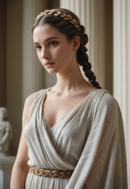 Mamiya photography,film grain,1950s style,foreground blur,close up,Marble sculpture, female figure, classical style, Greco-Roman art, draped fabric, contrapposto pose, detailed hairstyle with braids and tiara, neutral background, natural light beam, museum setting, artful nudity, subtle patina, intricately carved, full figure, timeless beauty, cultural artifact.,