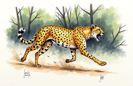 Sharp image of a rough sketch, rendered in vibrant multi colour ballpoint pen, capturing the adorable features of a portait of a cheetah running in the wild. The leopard is in mid-stride, with its body slightly turned to the side. Its head is turned slightly to the right, and its mouth is open, as if it is roaring or roaring. The background is blurred, but it appears to be a wooded area with trees and foliage. The ground is covered in dirt and there is a hint of dust in the air. The overall mood of the image is powerful and majestic. p3nsk, <lora:p3nsk:1>