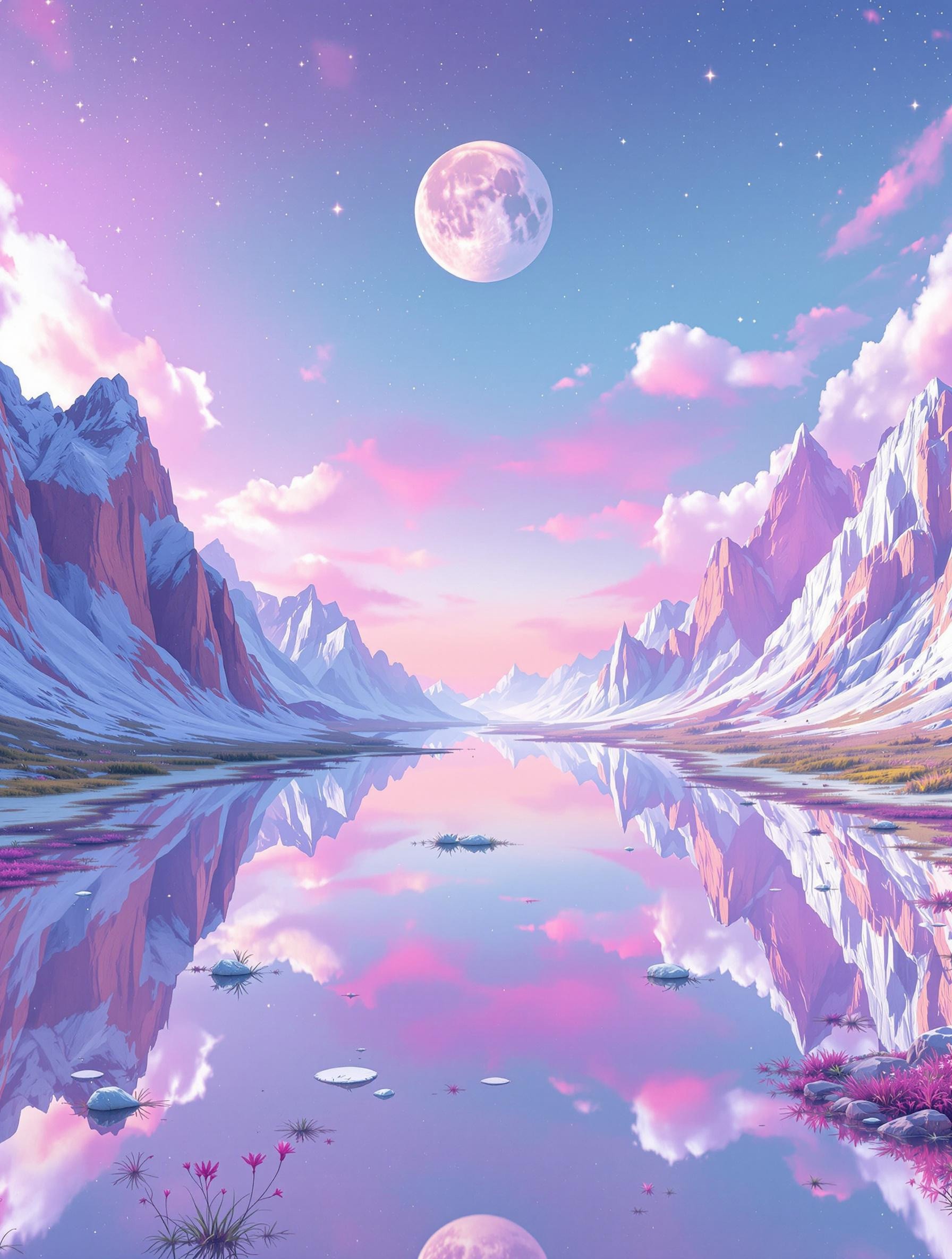 A reflective dream valley, with inverted mountains and upside-down skies, pastel glitch ambiance