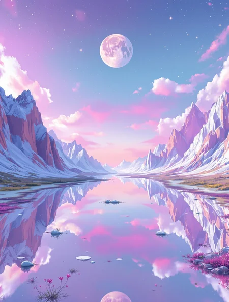 A reflective dream valley, with inverted mountains and upside-down skies, pastel glitch ambiance