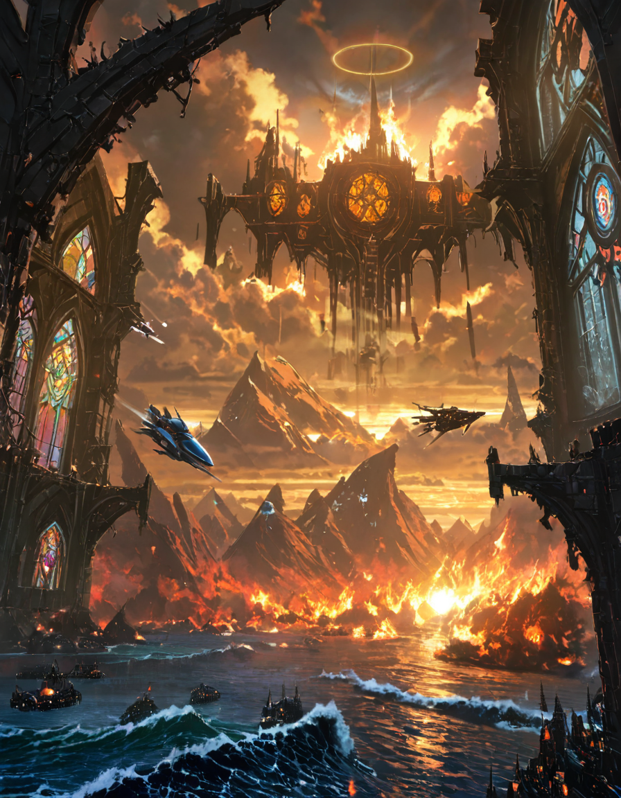 <lora:SW01v1-5xl:1> EFFD02, imagination, epic world, clouds, open jaw, breaking in, halos of light in the darkness of space, fire, EFFY01, epic scale chamber, medieval detailed architecture, detailed wall carvings, occult medieval ceremony, stained glass windows, bokeh, fantasy, T8 trees, green, blue, waves, ruins, T10, motion, spacecraft, cyberpunk city, mist, god rays, sunset, sea, mountain,
