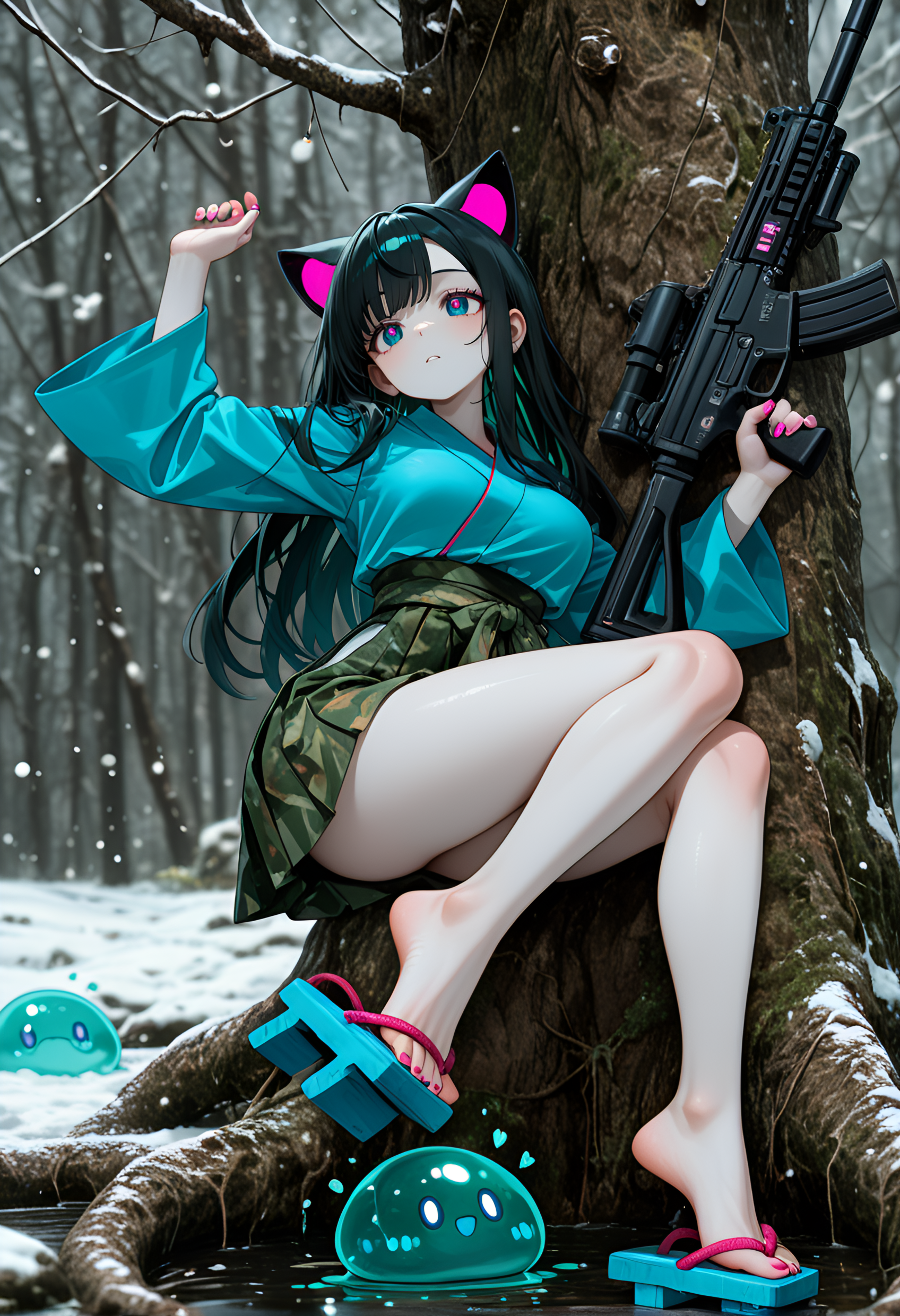 a digital artwork in the style of ckbwaw, cat_ears, cargo_skirt, snow, long flowing hair, RTX, newest, absurdres, barefoot, motion_blur:1.1, Amazon rainforest river scene, toes_curled, slime_(creature), close-up, absolutely eye-catching, barefoot, Neon Glow Theme, ultra-detailed, Face-framing split hair, ambient occlusion, amazing quality, masterpiece, very aesthetic, nail_polish, medium breasts, depth of field, long hair, manga, motion_lines:1.1, multiple others, long_nails, cropped_kimono_jacket, dense vegetation., best quality, Shallow Depth of Field, hair_bells, Bounty Hunter Bard, geta, assault rifle with underslung grenade launcher (compact), Kosaki Onodera, Mechanical Heart, pale skin, anime character, 8K, blurry background