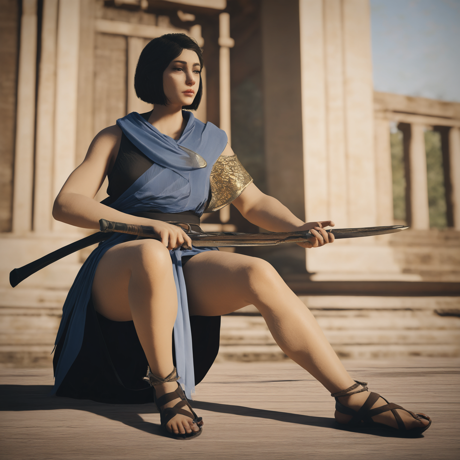 1girl,asian,bob cut,realistic,outdoors,full body,<lora:AssassinsCreedOdysseyStyle_illustrious:1>,acodysseystyle,masterpiece,newest,greek,