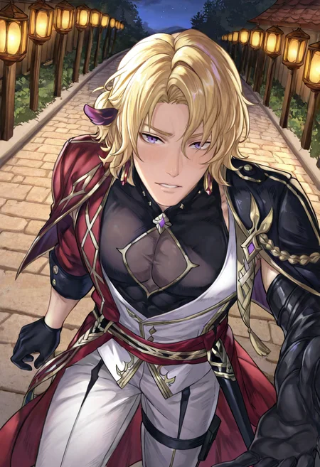 1boy, male focus, CyparN, CyparN_blond_hair, CyparN_purple_eyes, CyparN_earrings_gold_square, stellar_commander_outfit, CyparN_white_red_ornate_jacket, CyparN_gold_trimming, CyparN_gold_buttons, CyparN_black_high_neck_underlayer_shirt, CyparN_red_sash_gold_stars, CyparN_black_gloves, CyparN_white_pants_gold_accents, slightly from above, close up:2.7, dramatic dynamic angle, half-body action pose, mid-motion reaching out with right arm, chest forward, expressive extreme love expression, parted lips, looking at viewer, outdoor lantern festival night, glowing lanterns, illuminated brick street, festive background, masterpiece, best quality, amazing quality, ultra-detailed, absurdres, cinematic lighting, realistic shading, intricate details, shiny skin, newest, 8k resolution, octane render, <lora:Noctilucent_Cypar:0.8>