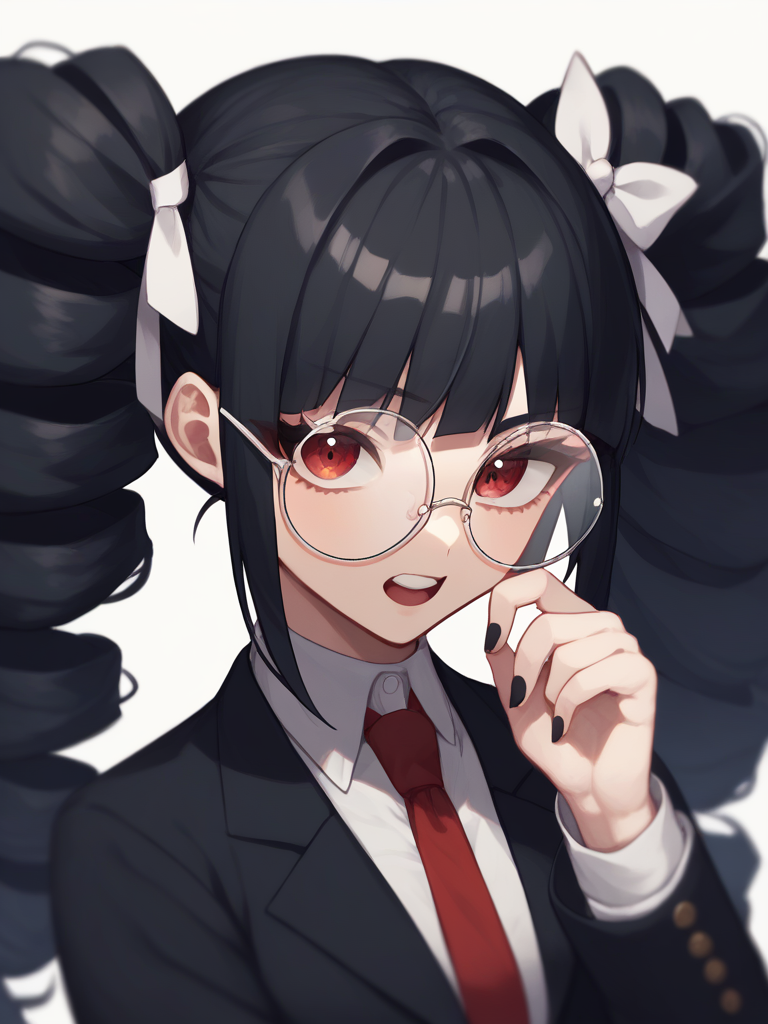 score_9,score_8_up,score_7_up,<lora:danganronpa_all:1>,character: yamada hifumi, black hair, twintails, long hair, red eyes, round eyewear, white shirt, collared shirt, long sleeves, character: celestia ludenberg, black nails, twin drills, glasses, character: ishimaru kiyotaka, necktie, hand up, upper teeth only, black jacket