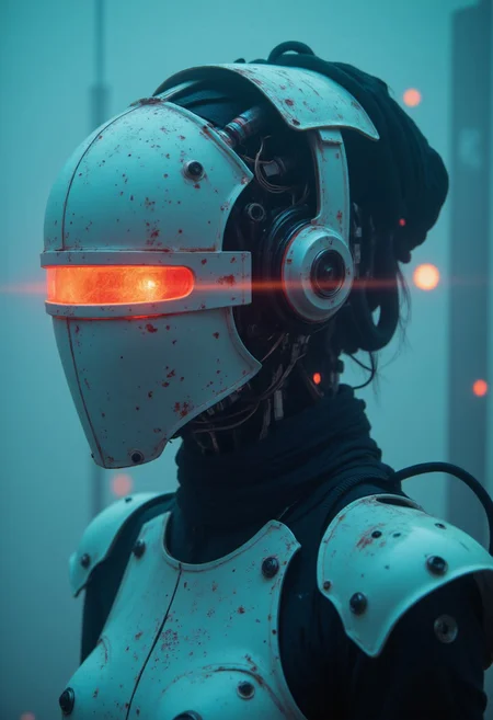 neon-mist, nlistyl, dramatic close-up shot of a Knights intricate designed helmet where the eyes slit radiates a warm, red-orange light, casting an eerie, flickering glow, swirling energy or otherworldly light, casting dramatic shadows and highlighting the intensity of the knights  power. ninja style , neon-mist, cpstyle. A high-resolution digital artwork featuring a futuristic, cybernetic woman with an intricate mechanical design. Her sleek, robotic exoskeleton is predominantly white with striking orange accents, composed of interlocking plates, exposed wiring, and glowing circuitry that pulse with an eerie energy. A large, circular visor obscures her eyes, its reflective surface displaying cryptic digital patterns, reinforcing her enigmatic, android-like presence.
SHe wears an Large intricate sedge hat of segmented metal plating and delicate fiber-optic strands woven together. high-tech plating along her neck and shoulders, forming a rigid yet elegant collar with engraved circuitry patterns glowing faintly as they process vast streams of data.
The fusion of biomechanical and traditional elements is evident in the subtle engravings along her plating, resembling ancient embroidery reimagined through futuristic technology. The background is a cold, gradient blue, evoking the sterile atmosphere of a deep-space research station or an advanced AI laboratory. Every element is meticulously detailed, blending high-concept cyberpunk aesthetics with cutting-edge digital craftsmanship.